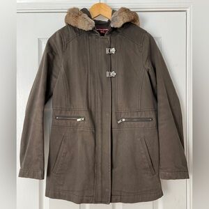 Comptoir des Cotonniers Brown Hooded Coat Faux Fur Trim Size S
